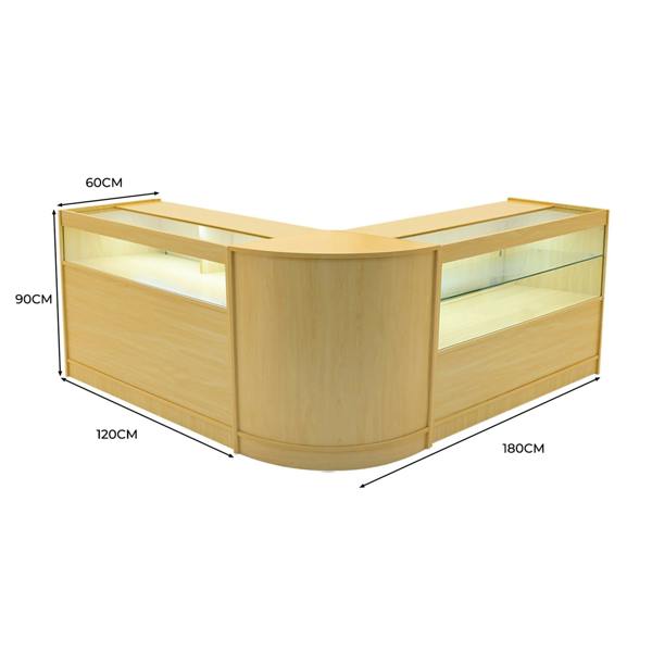 Adonis LED Shop Counter Set in maple finish, featuring a curved design, glass display areas, and integrated LED lighting for visibility