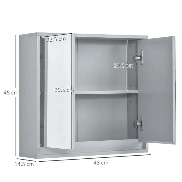 Grey wall mirror cabinet with two open doors and interior storage shelves