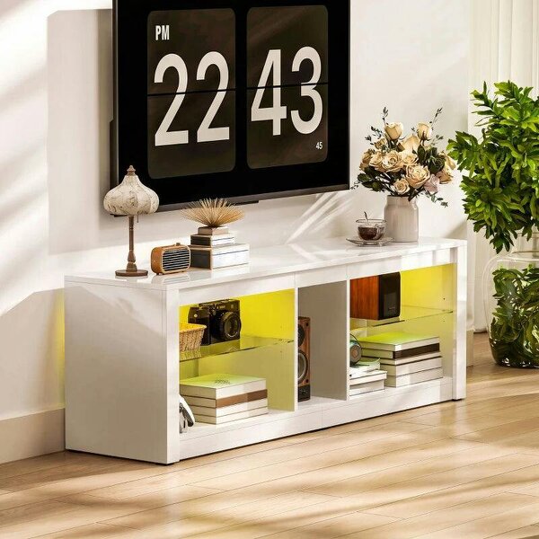 TV Stand Cabinet with LED Lights and Remote Control for TVs up to 65", Entertainment Centre with Storage Shelves, White