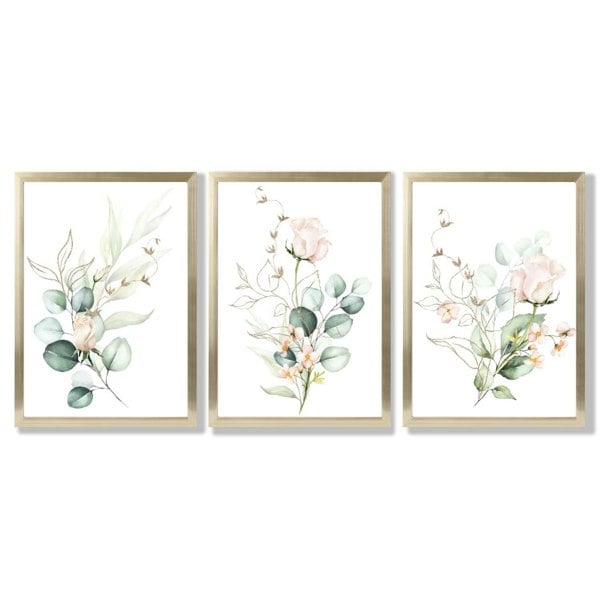 Pink Floral Roses Set of 3 Framed Art Prints with Gold Wood Frames