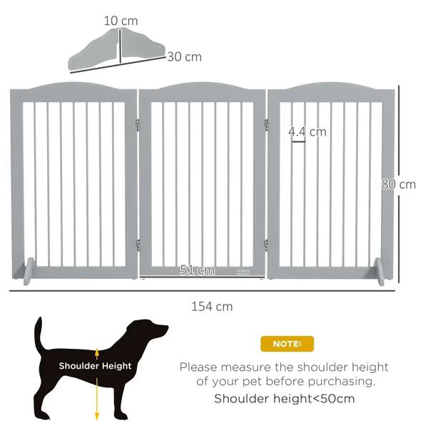 Grey foldable pet gate with three-panel design and hinged center