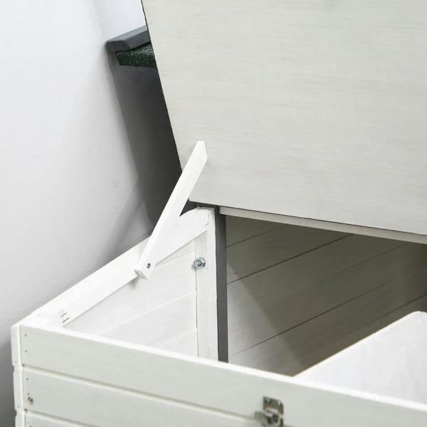 Grey nesting box interior with hinged access panel and latch hardware.