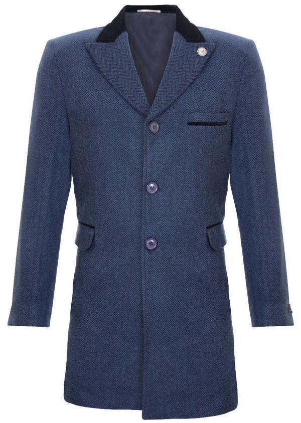 TruClothing Mens 3/4 Long Navy Overcoat Jacket Herringbone Tweed Coat Peaky Blinder