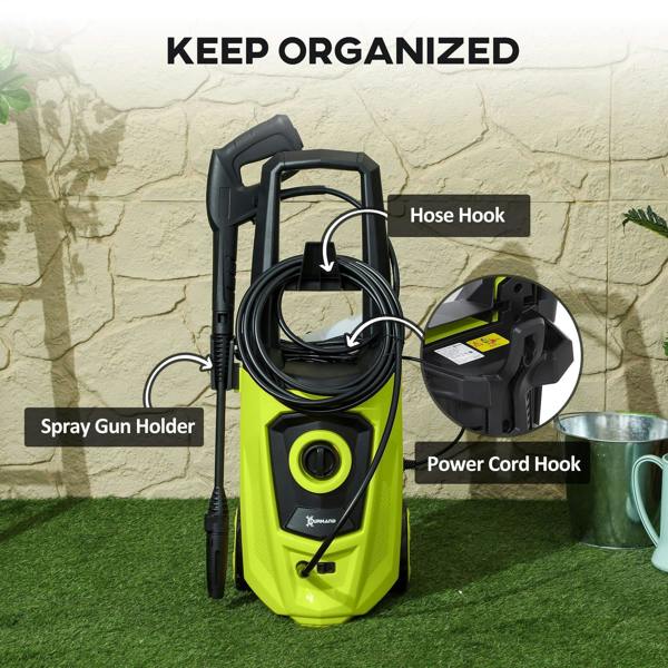 Green pressure washer with hose hook and power cord hook, spray gun holder