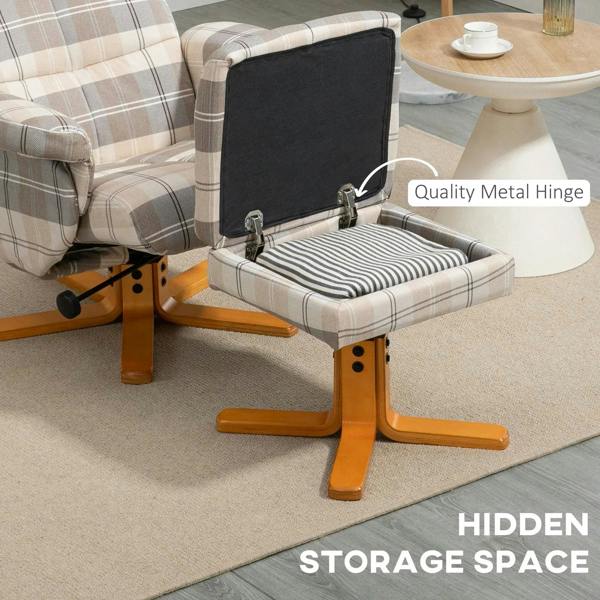 Recliner chair with hidden storage footstool, plaid fabric seat, wooden base
