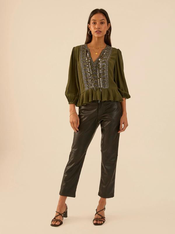 Rose & Nancy Hailey Khaki Frill Mirror Embellished Blouse