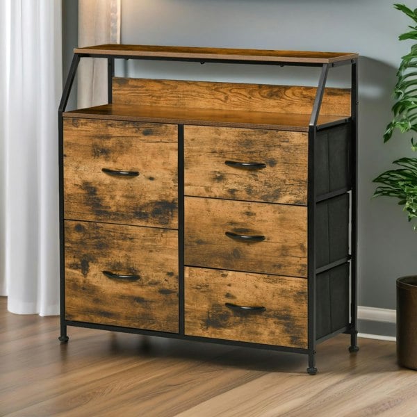 Rafaelo Mobilia Industrial Rustic Brown Chest With 5 Fabric Drawers