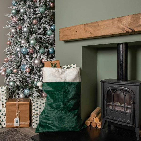 Samuel Alexander 80x55cm Green Christmas Sack with White Cuff and Pom Poms
