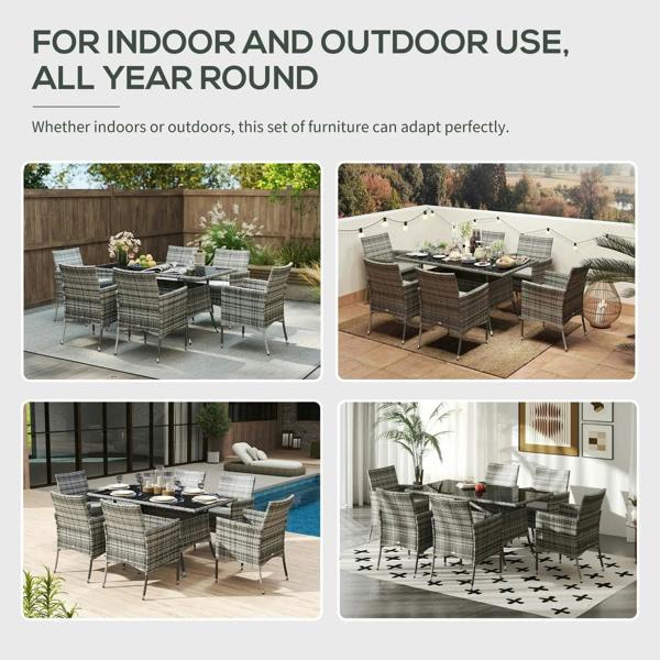 Grey rattan dining set with six armchairs and rectangular glass-top table