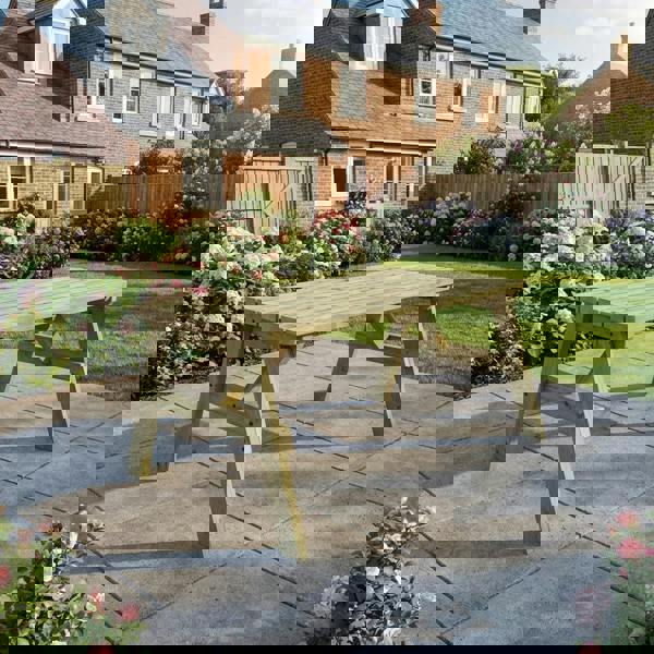 Victoria Rounded Wooden Garden Table Made From High Quality Timber, Featuring A Solid Rectangular Tabletop And Sturdy Wooden Leg Frame, Perfect As An Outdoor Dining Table.