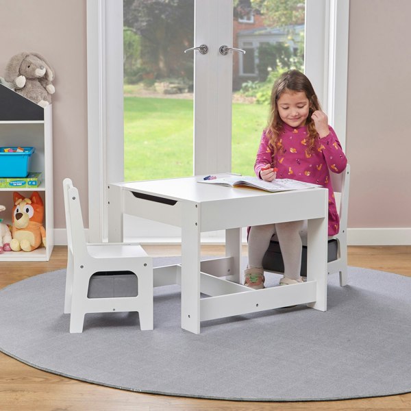 Liberty House Toys Kids Wooden Activity Table and Two Chairs with Grey Storage Bins