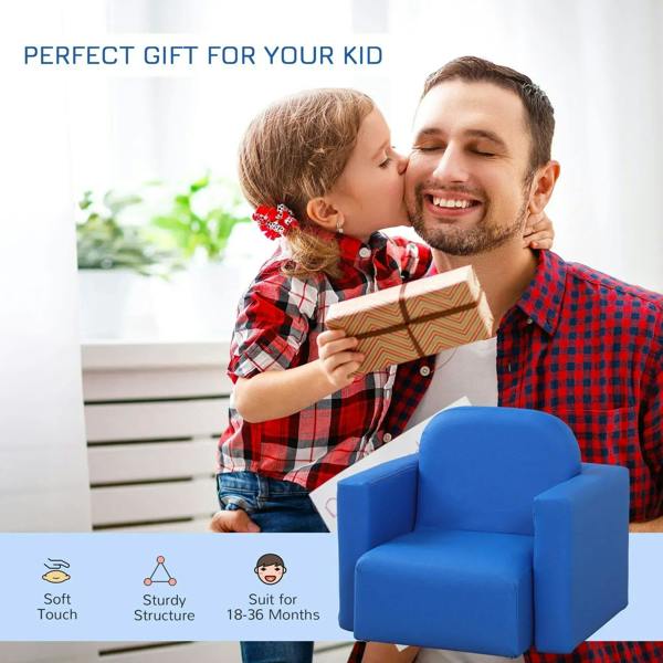 Blue toddler armchair with padded seat and rounded arms, kid receiving a gift