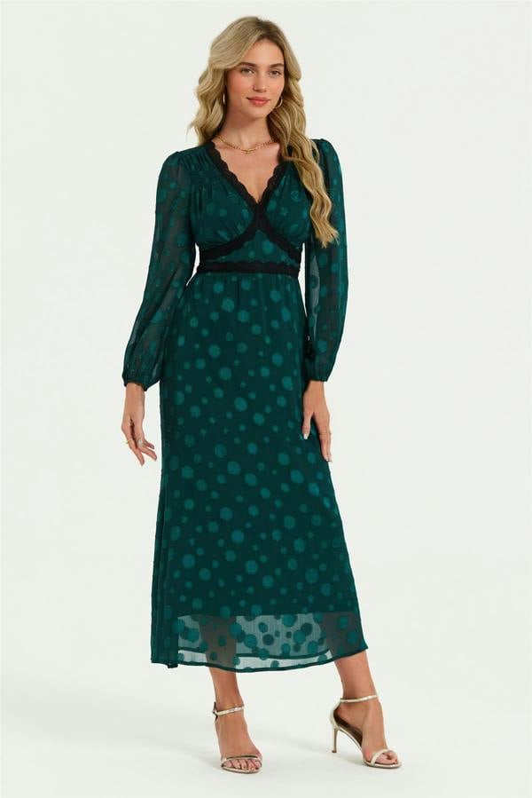 FS Collection Long Sleeve Dot Jacquard Lace Trim Maxi Dress In Green