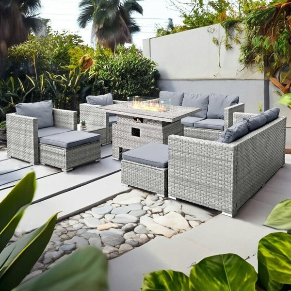 Oseasons Acorn Deluxe Rattan 10 Seat Rising Firepit Sofa Set in Dove Grey
