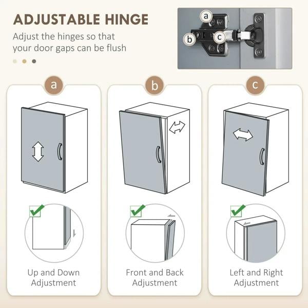 Grey cabinet door with adjustable hinge hardware for precise alignment