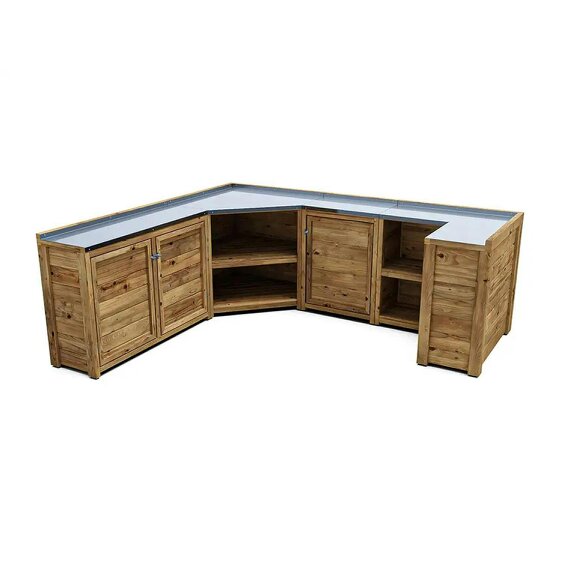 Dunster House Wooden Garden Kitchen Unit C-Configuration With Stainless Steel Countertop, W2.5m x D2m / W7'9" x D6'9"