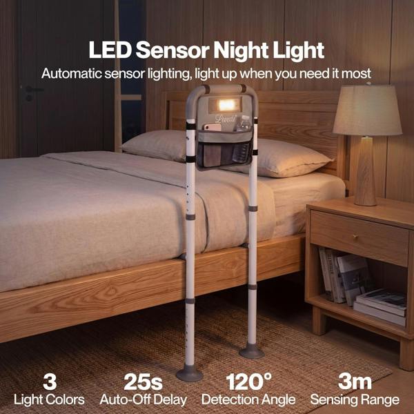 Levede Adjustable Bed Rail with LED Sensor Light Storage Pocket Bed Handle Guard