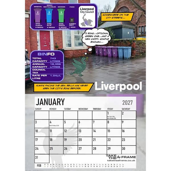 Wheelie Bins of Merseyside A3 Calendar 2027, Wall Calendars, Month To View, Humour, Gift