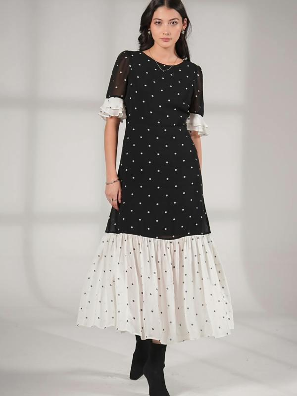 Rose & Nancy Saphi Black and White Pindot Spot Midi Dress