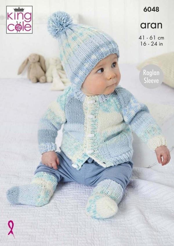 King Cole Cosy Love Aran Knitting Pattern 6048, Jackets, Coats, Headwear, Socks for Baby, 16 - 24 Inches