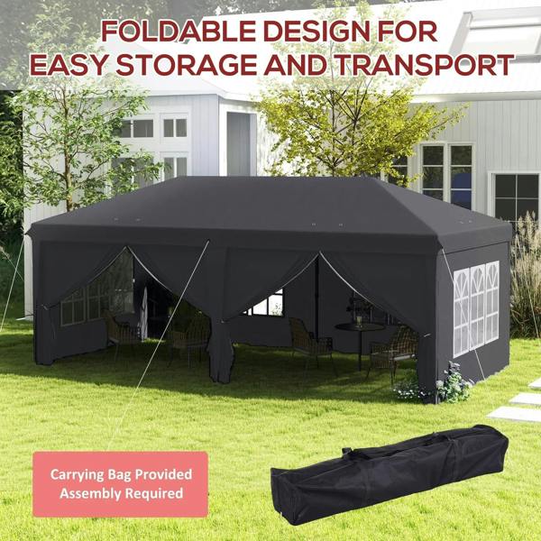 Grey pop-up gazebo tent with valance drapes, window panels, and carrying bag