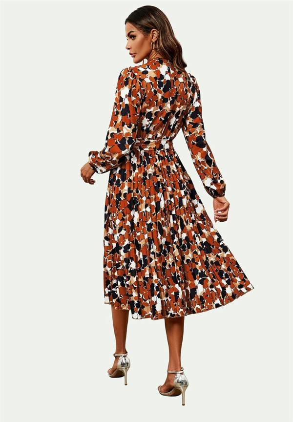FS Collection High Neck Long Sleeve Midi Dress In Rust