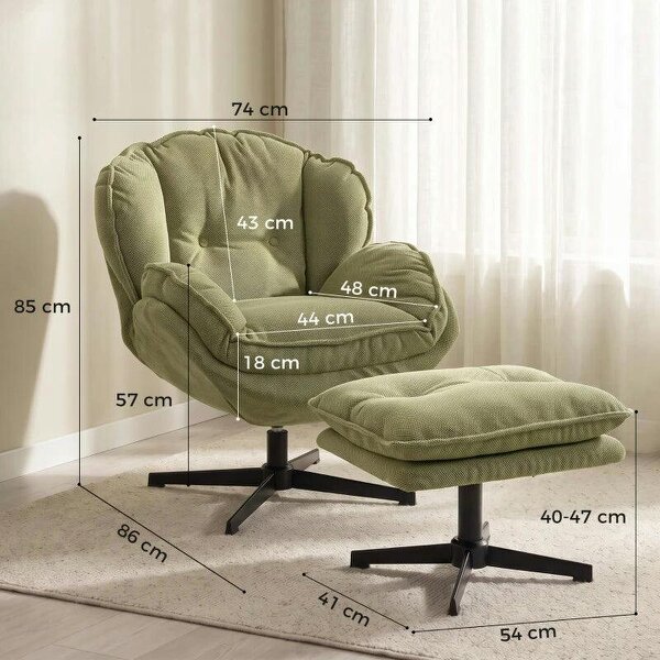 Armchair with Adjustable Footstool, 360-Degree Swivel Chenille Cloud Accent Chair with Thick Cushion, Steel Base, Green