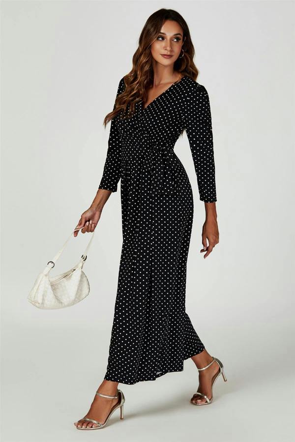FS Collection Dot Print Wrap Top Jersey Jumpsuit In Black