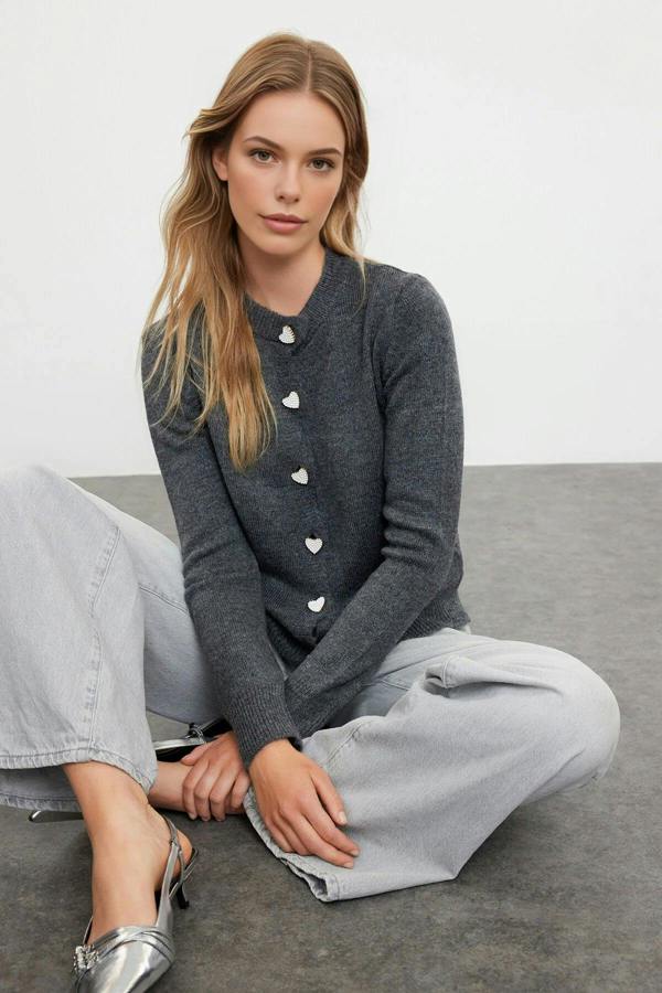 WOVCOR Soft-Textured Knit Cardigan with Jewelry Button Detail
