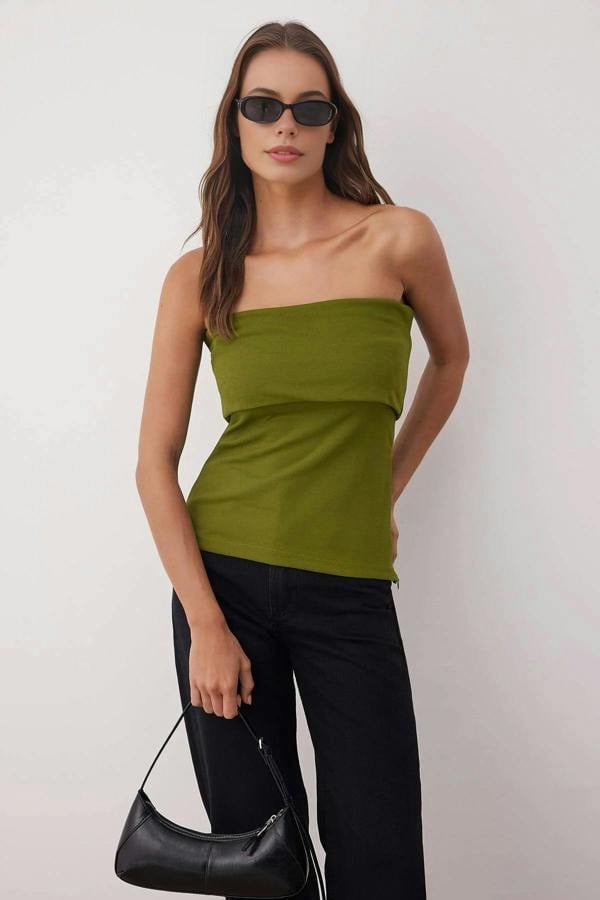 WOVCOR Strapless Neckline Side Zipper Crepe Knit Blouse