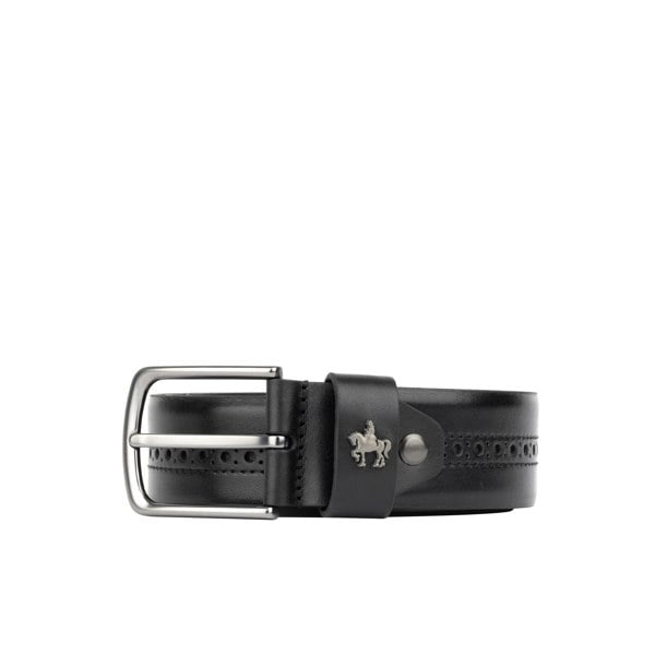 Embassy London Scott - Black Shine - Men's smooth full-grain black leather belt with broguing