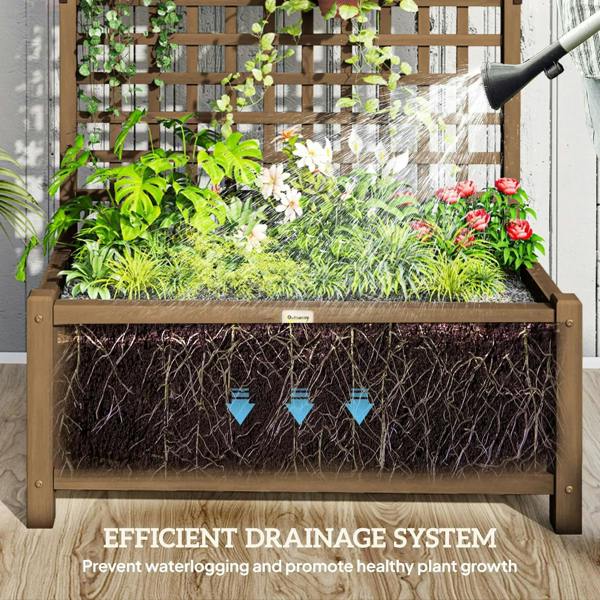 Brown raised planter with trellis and open drainage area with mesh screen