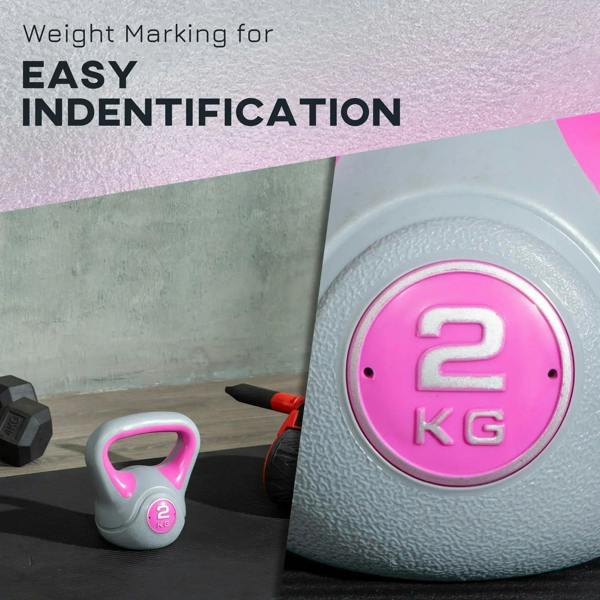 Pink and grey 2 kg kettlebell with round label showing the weight marking