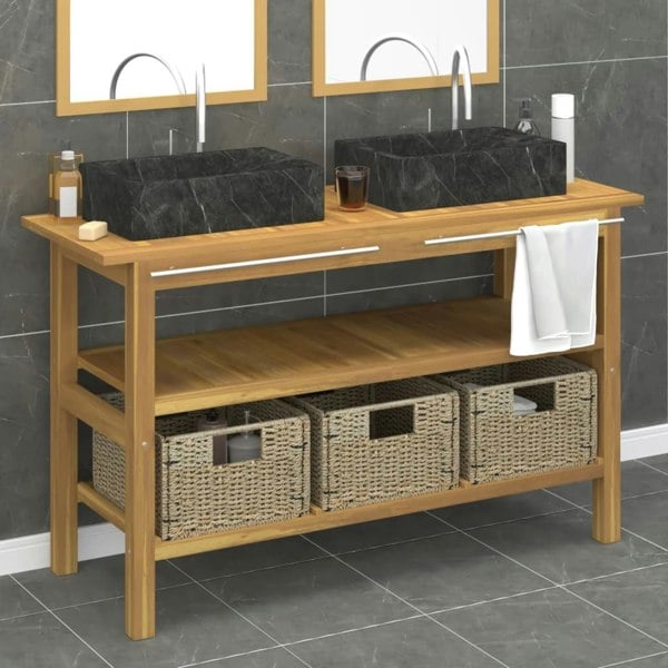 Berkfield Bathroom Vanity Cabinet with Black Marble Sinks Solid Wood Teak