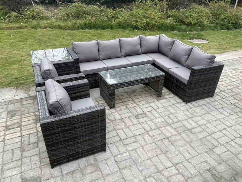Fimous 8 Seater Rattan Corner Sofa Lounge Sofa Set With Rectangular Coffee Table Side Table 2 Arm Chair Dark Grey Mixed Right Hand