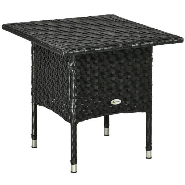 Black woven rattan side table with square top and four metal legs