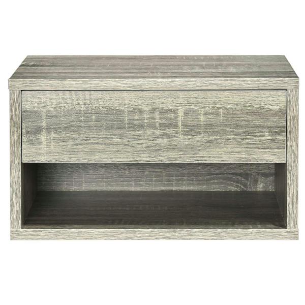 Grey wood-effect bedside table with drawer front and open interior shelf