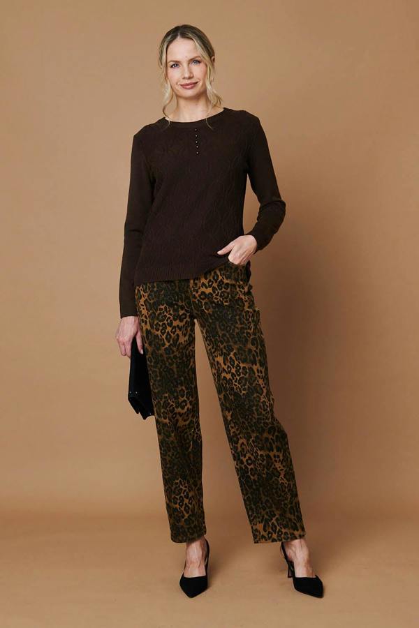 Brown | Pearl Detail Textured Long Sleeve Top