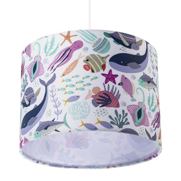 Underwater Designed Fabric Lampshade with Whales Turtles Tropical Fish Image 4