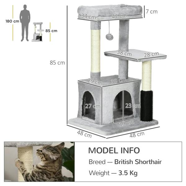 Grey cat tree with multi-level perches, double-door condo, and scratching post