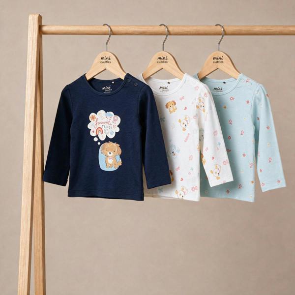 Mini Cuddles Baby Girls Printed Tops Pack of 3, Navy Blue, White and Light Blue