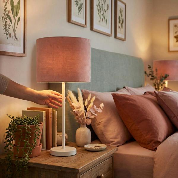 Rose Pink Velvet Drum Lamp Shade with Inner Watercolour Floral Pattern Image 6