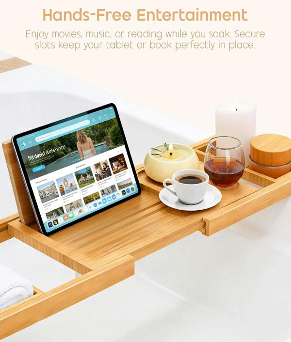 ADOV Extendable Bamboo Bath Tray, Adjustable Wooden Bathtub Caddy with Book, Tablet, Phone and Wine Glass Holder
