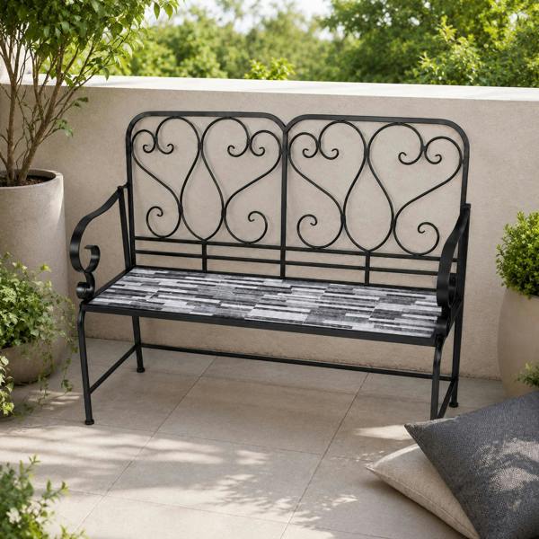 Cascade Mosaic 2 Seater Garden Bench, 112cm Outdoor Patio Seat with Ceramic Tile Seat, Scrollwork Backrest & Metal Frame image 8
