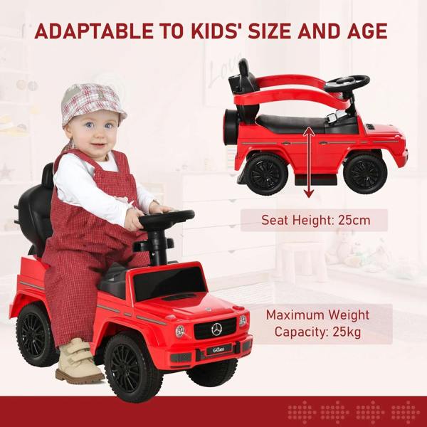 Red kids ride-on push car with gray seat, steering wheel, footrest and console