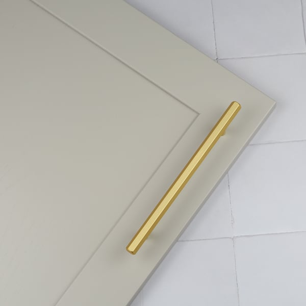 Handle & Home Brushed Brass Gold Hexagon Cabinet Handles and Coordinating T-Bar Knob