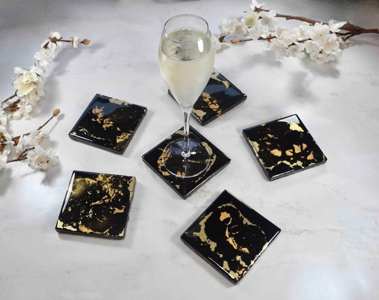 Kate Chesters Art Black Gold Resin Coasters for Drinks Set of 4