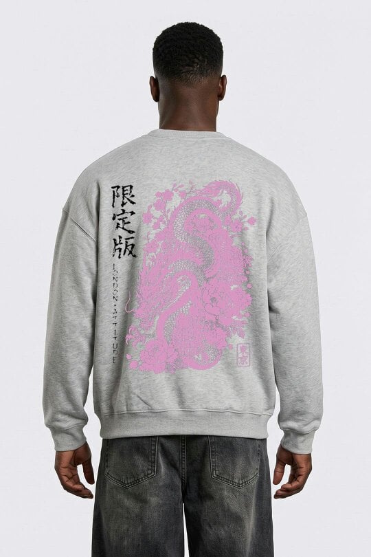 London Attitude Oversized Heavyweight Japanese Dragon & Floral Graphic Sweatshirt