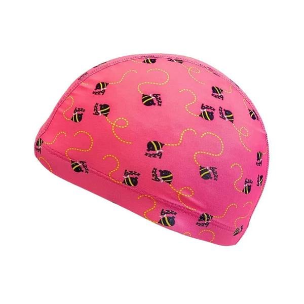 Pink neoprene swim cap with black yellow bee fun patterns lycra for juniors