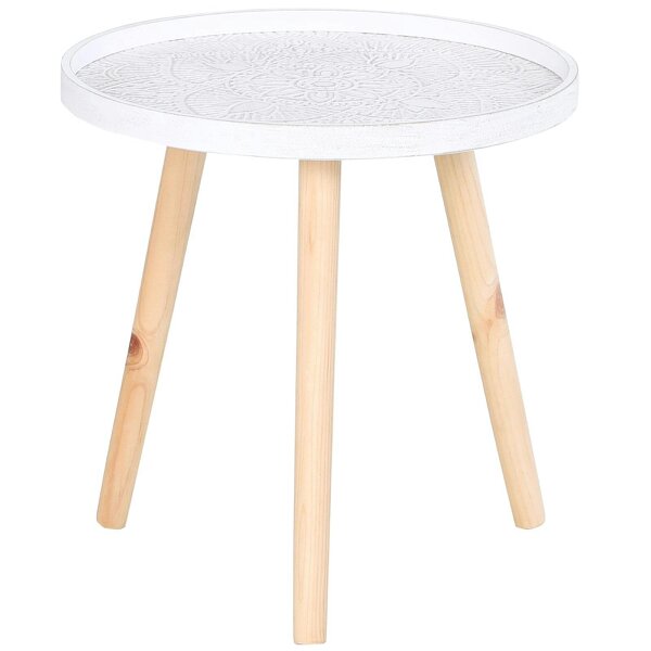 Wyld Haus Nona Wood White Round Coffee Table With Carved Floral Tray Top